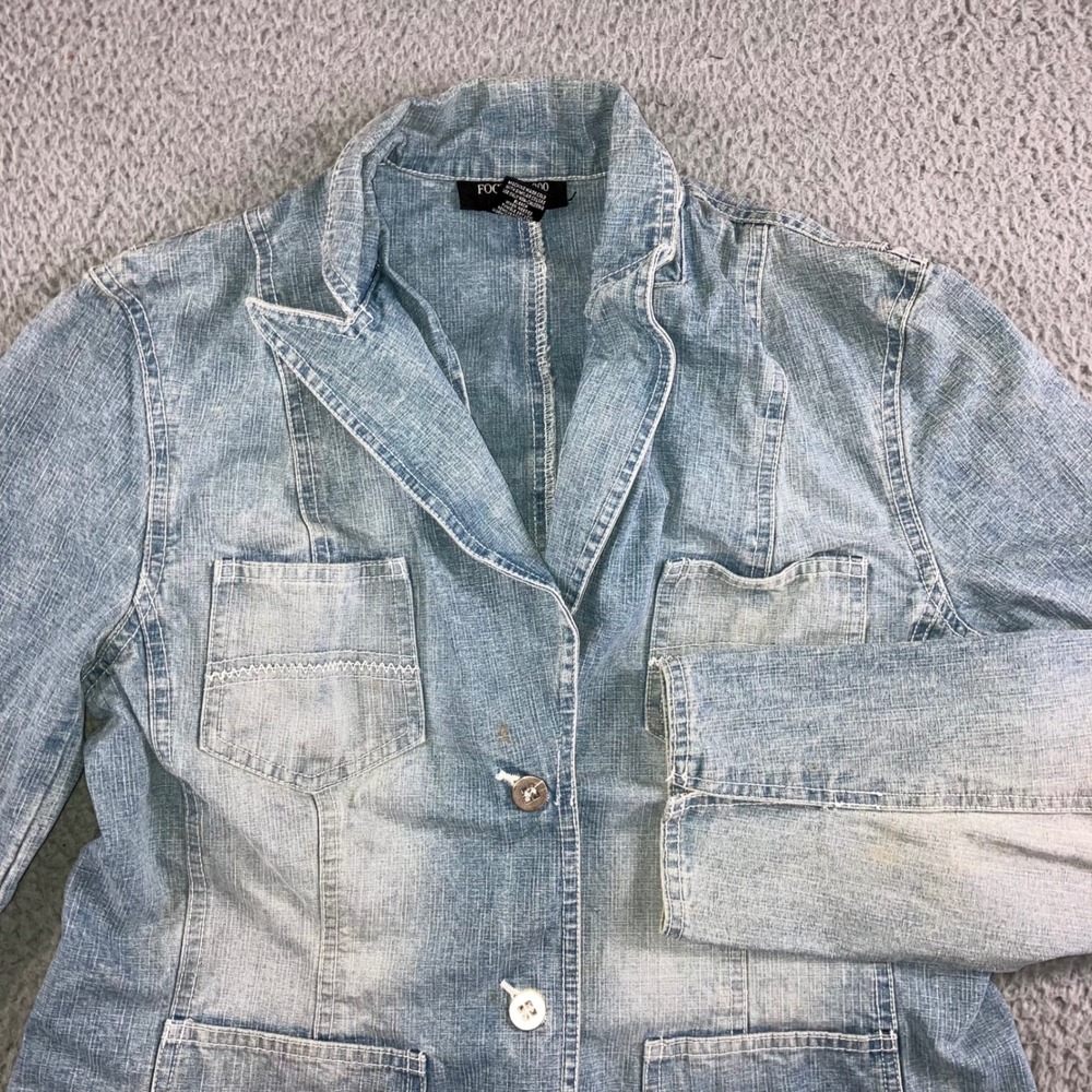 Vtg Focus 2000 Denim Blazer Women M Light Wash 2 Button 4 Pocket Utility Jacket